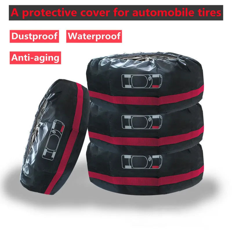 Four black Oxford cloth tyre protective covers laid flat, showing their circular shape and belt-style detailing.