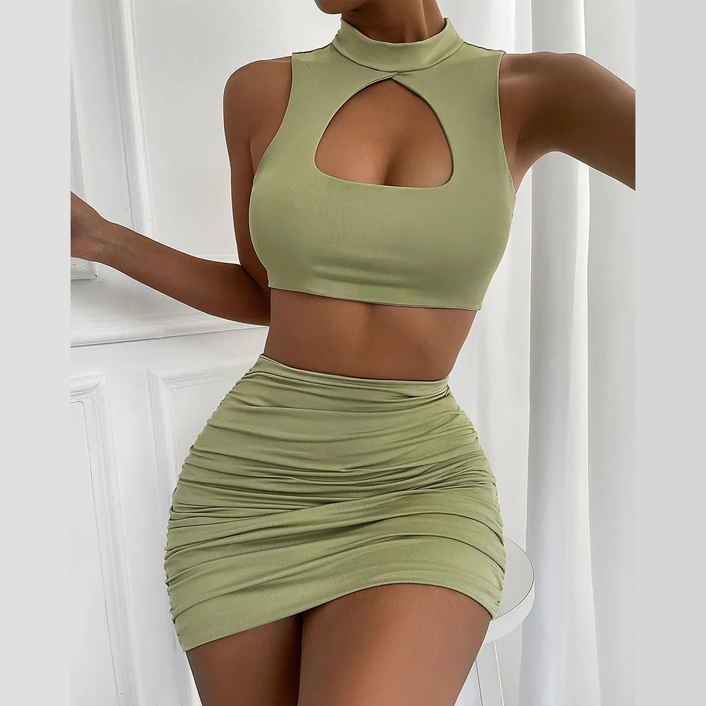Women's light purple summer two-piece set with hollow-out vest and split skirt
