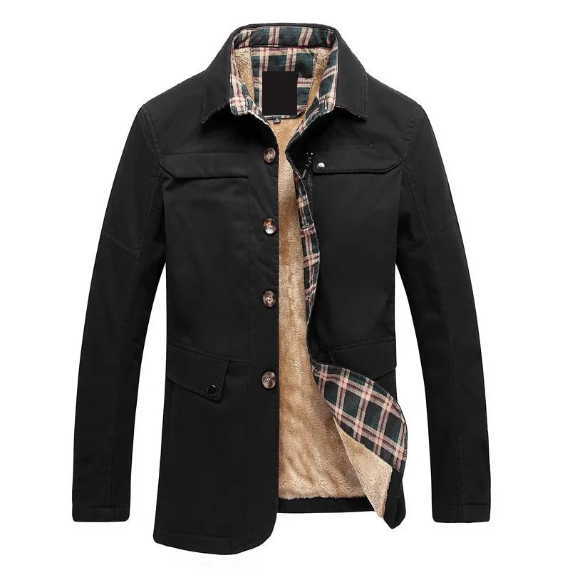 Fleece-lined men’s jacket in Korean slim fit, cotton with velvet lining, mid-length 65 cm, side pockets