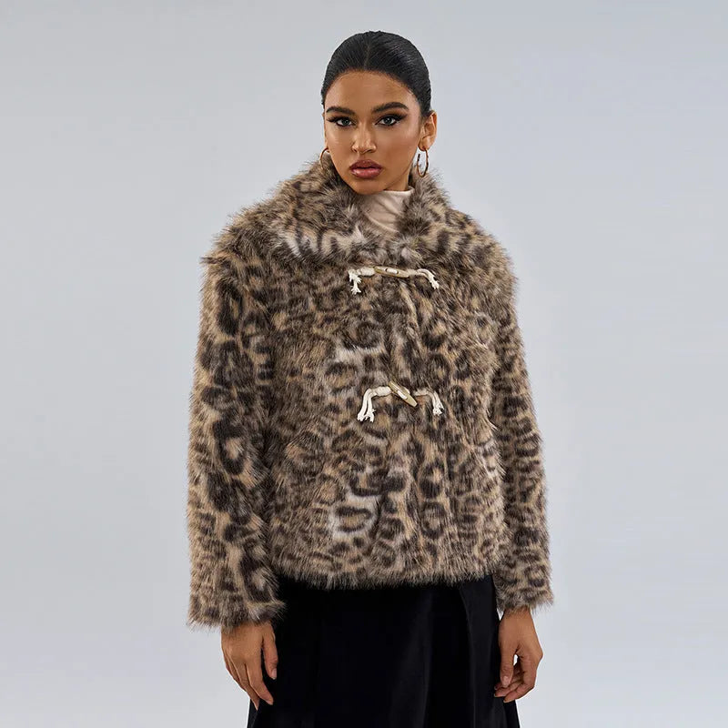Leopard print women's coat with a buckle lapel and regular sleeves