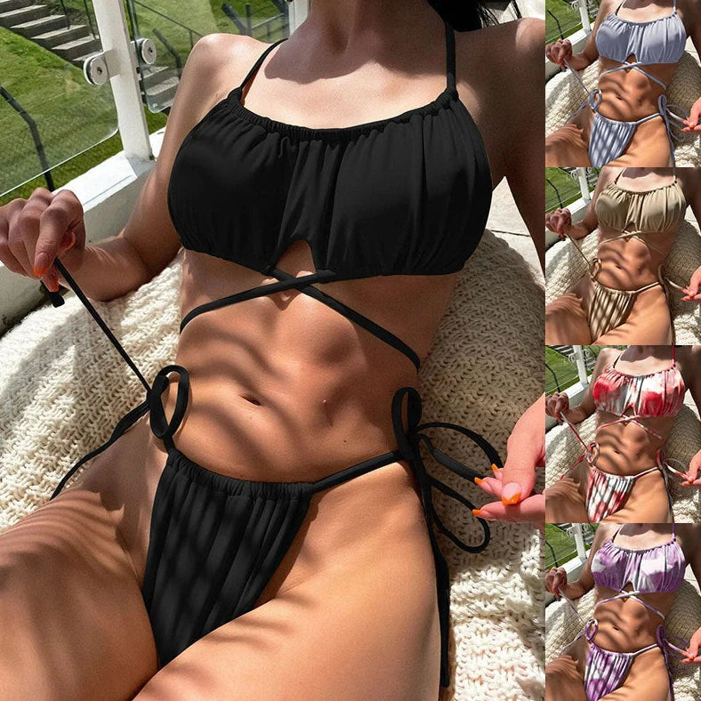 Women's red two-piece bikini swimsuit with sleeveless design on mannequin showing front view