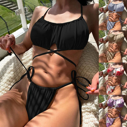 Women's red two-piece bikini swimsuit with sleeveless design on mannequin showing front view