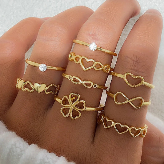 Vintage gold alloy heart rings set with geometric and butterfly designs - 9 pieces