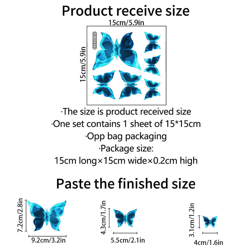 Blue luminous small butterfly PVC wall sticker 15x15cm for bedroom living room decor