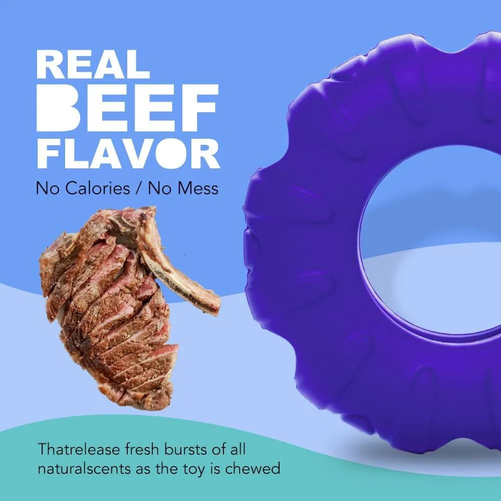 Blue rubber dog chew toy shaped like a tyre with holes, for medium and large dogs