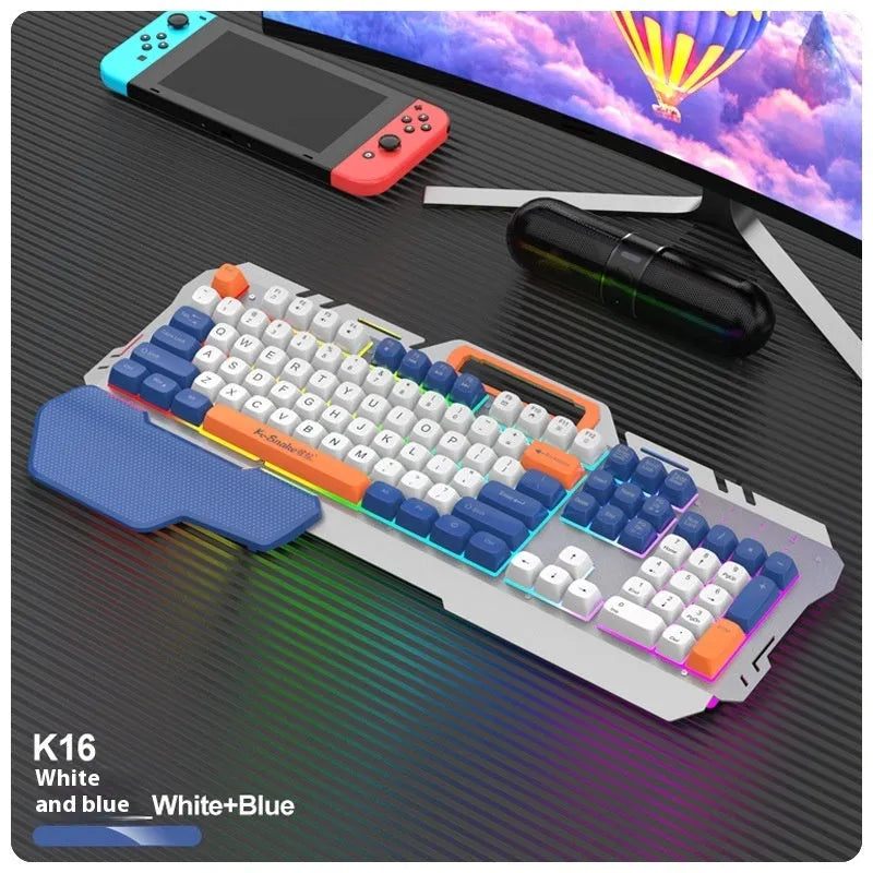 Blue wired gaming keyboard and mouse set with backlight on a desk