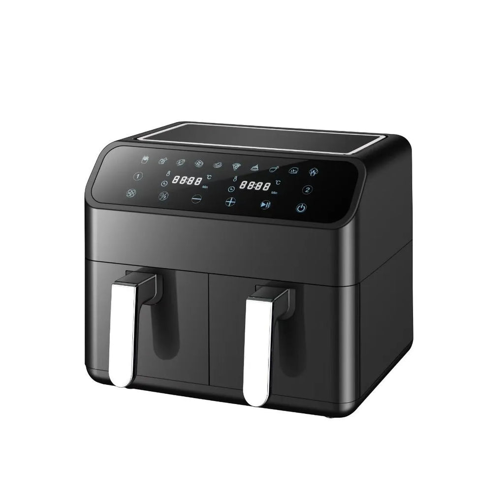 8L stainless steel dual pot air fryer with touch screen and visual window on a kitchen counter