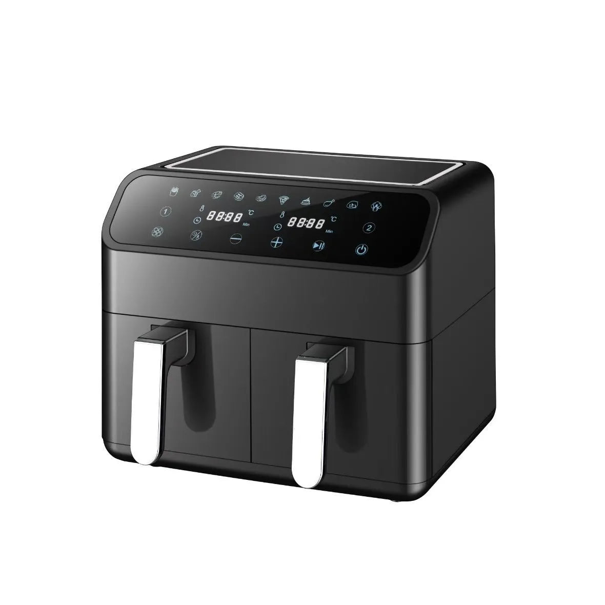 8L stainless steel dual pot air fryer with touch screen and visual window on a kitchen counter