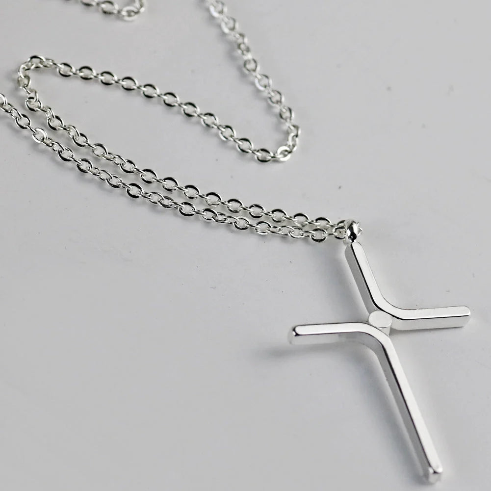 Titanium steel cross pendant necklace with water wave chain and inlaid gold treatment