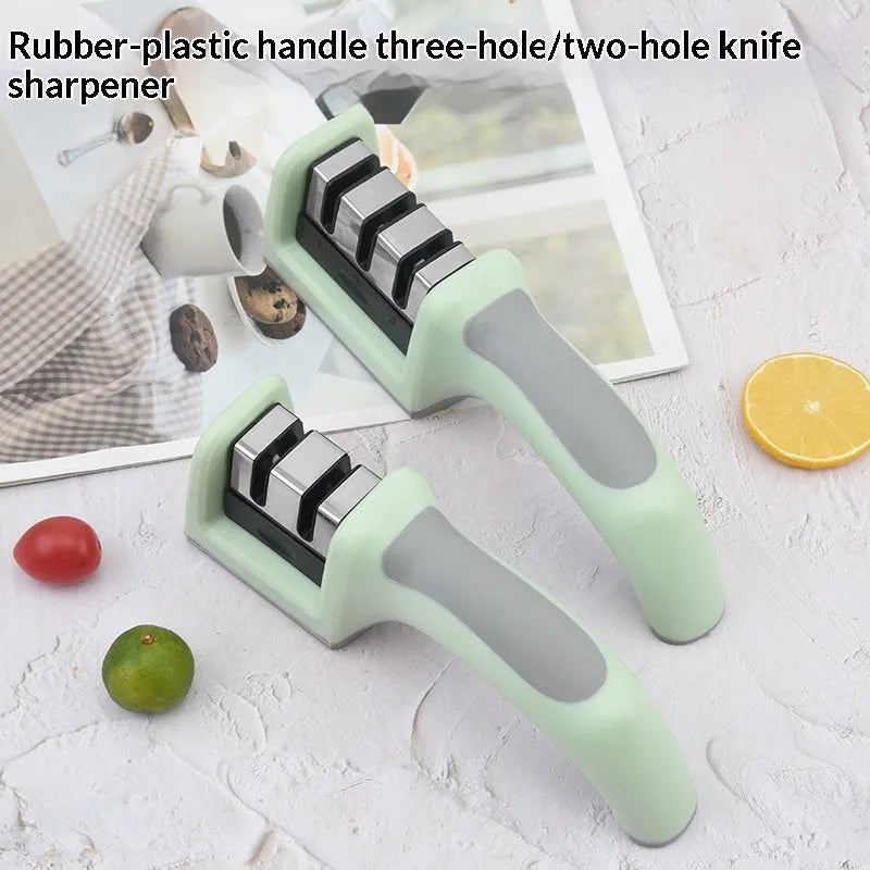 Multi-function kitchen knife sharpener with two-stage mouth colour box, ABS and TPR body, stainless steel and tungsten steel slots