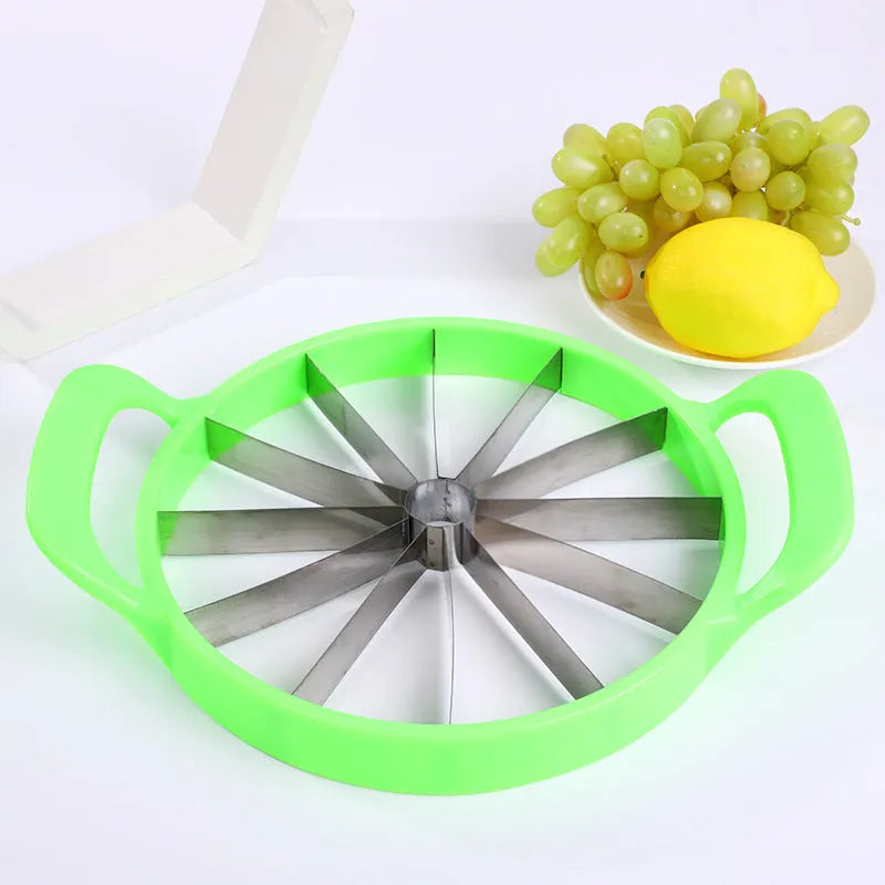 Green-handled watermelon slicer with 410 stainless steel blade on a kitchen counter