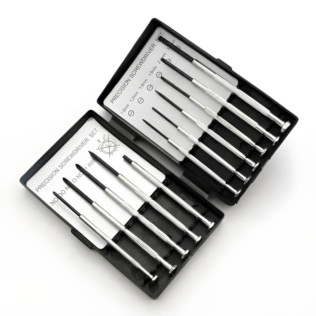 TH-6177 11-piece clock screwdriver set with cross-head and flat-head drivers on a workbench.