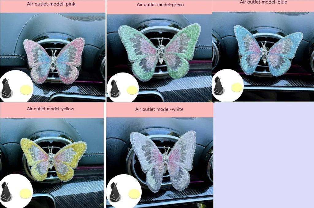 Blue fabric embroidery butterfly car air vent decoration with clip-on attachment