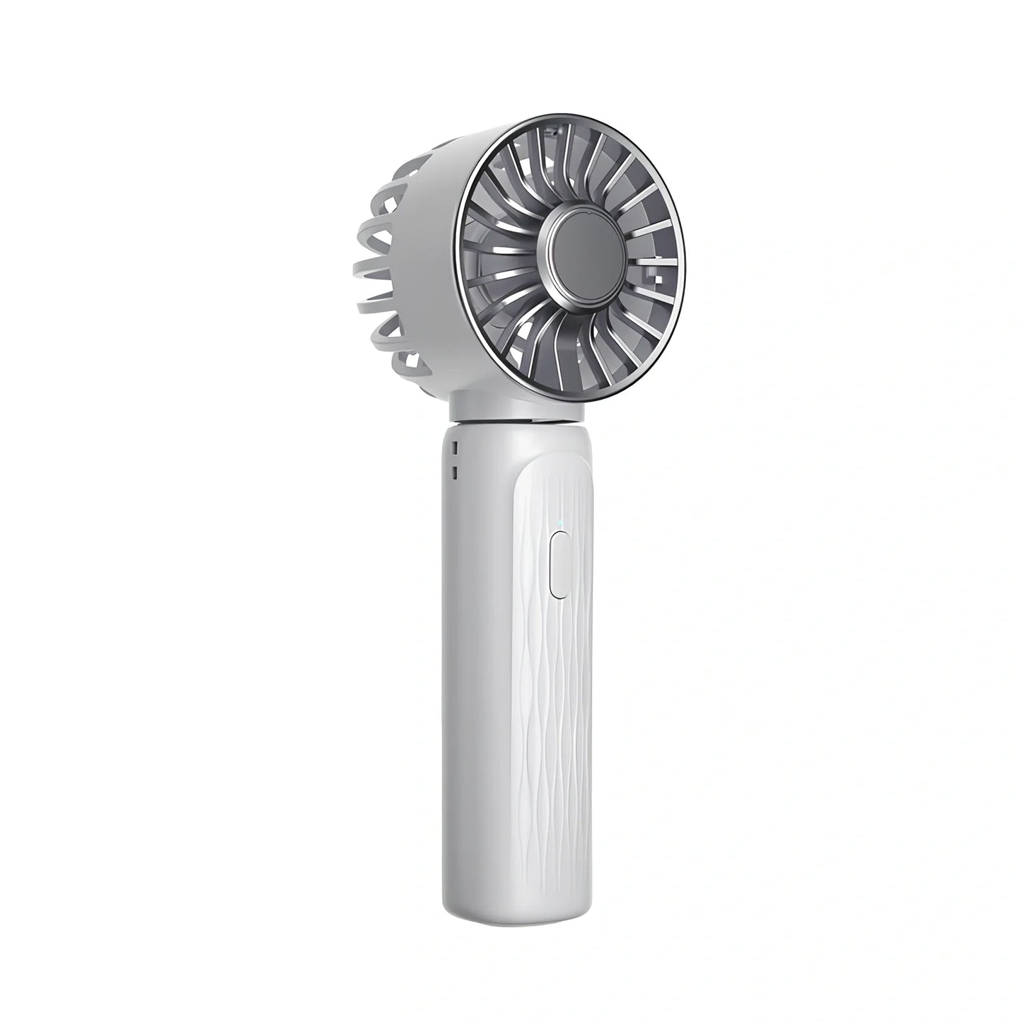 White USB-powered mini turbos fan folded 180° showing digital display and plastic blades, 63x57x176mm for portable camping cooling