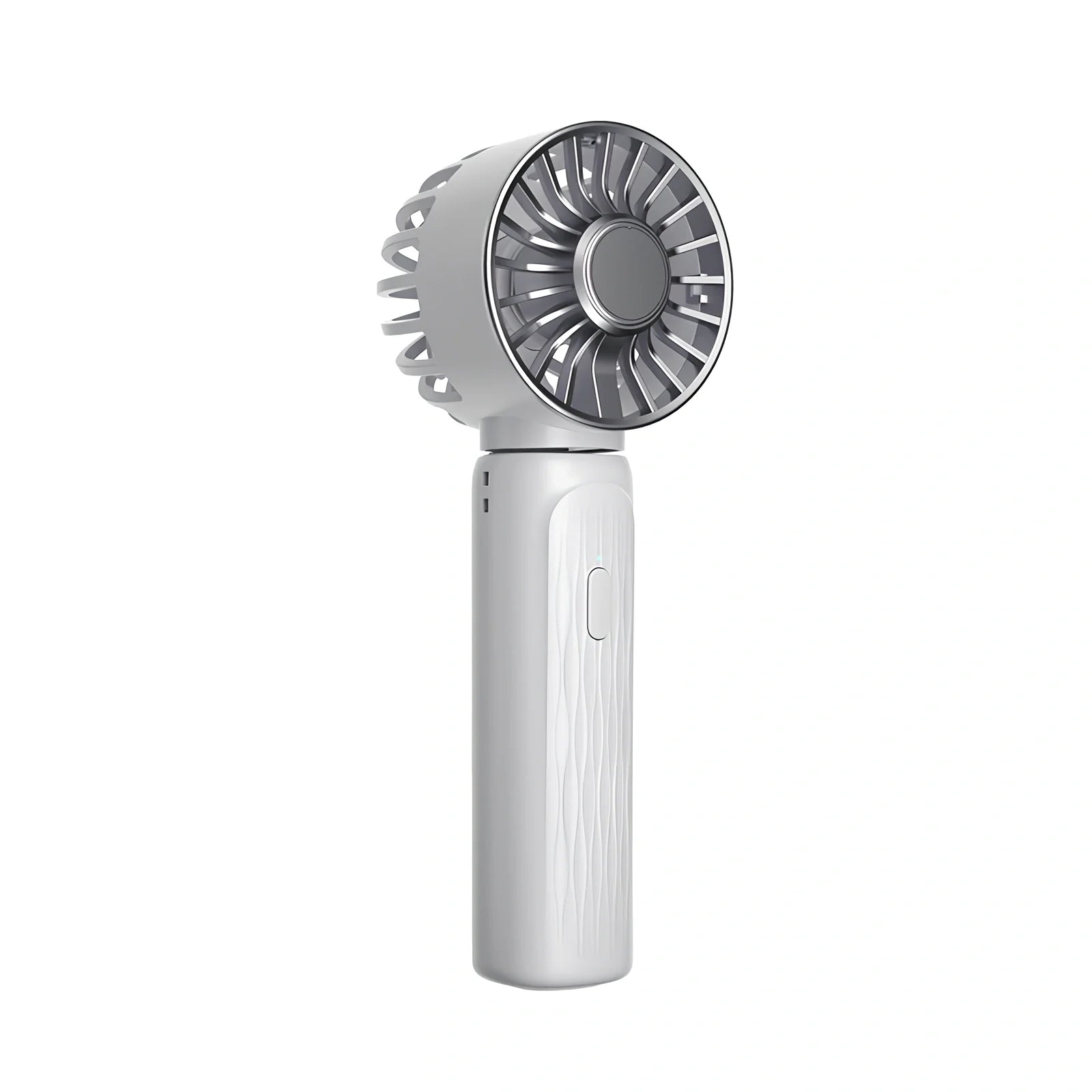 White USB-powered mini turbos fan folded 180° showing digital display and plastic blades, 63x57x176mm for portable camping cooling