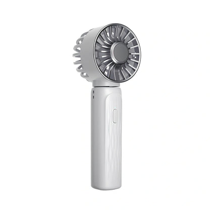 White USB-powered mini turbos fan folded 180° showing digital display and plastic blades, 63x57x176mm for portable camping cooling