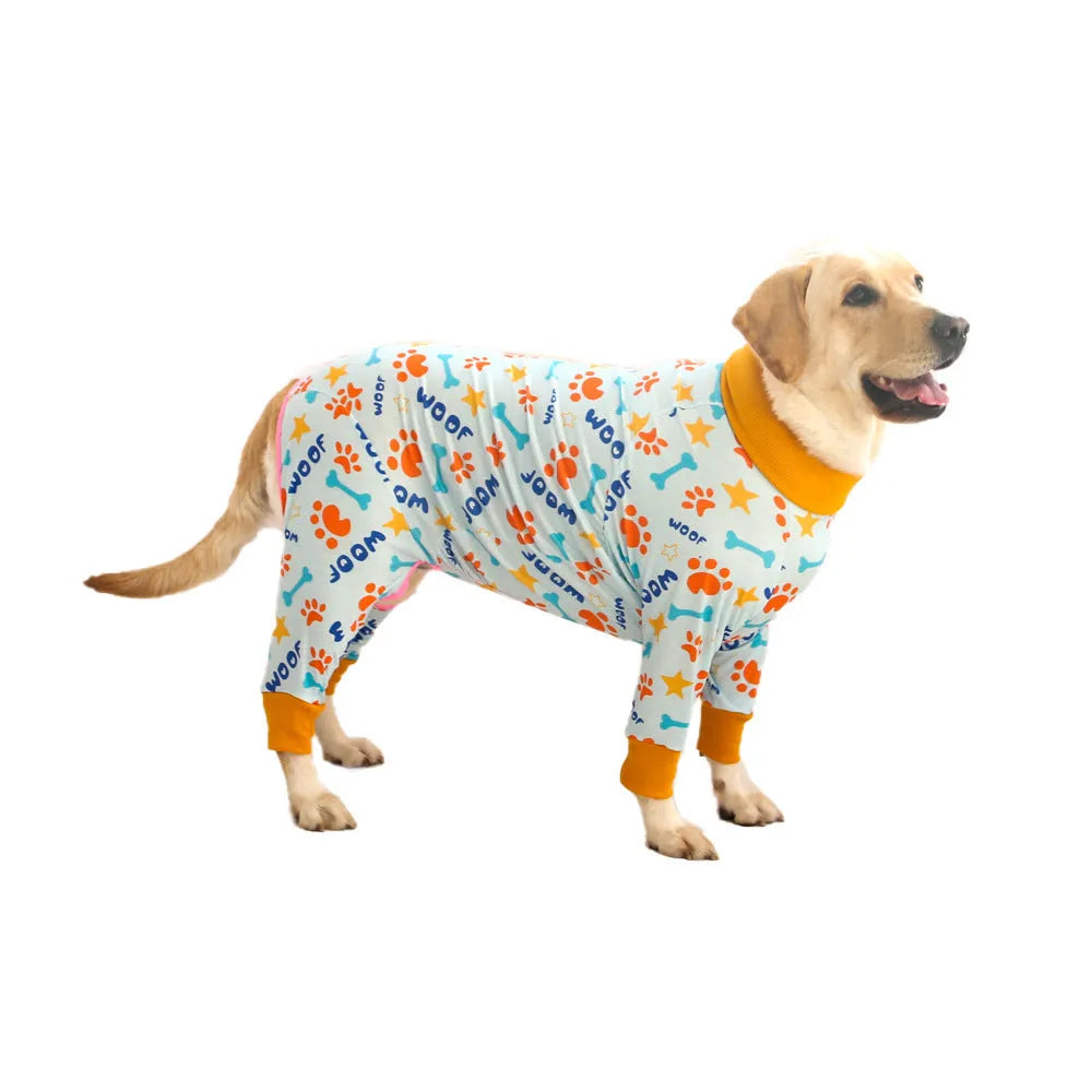 Cotton dog jumpsuit with four-legged design and long sleeves in cute print pattern