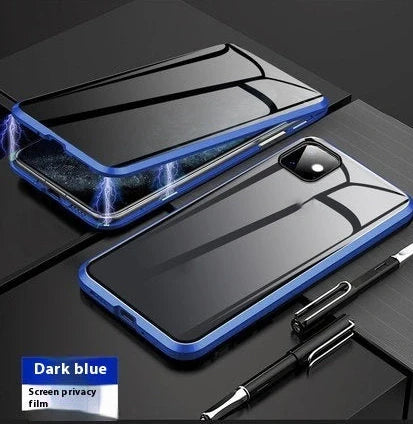 Magnetic privacy phone case showing 16-point closure system and anti-peep screen technology