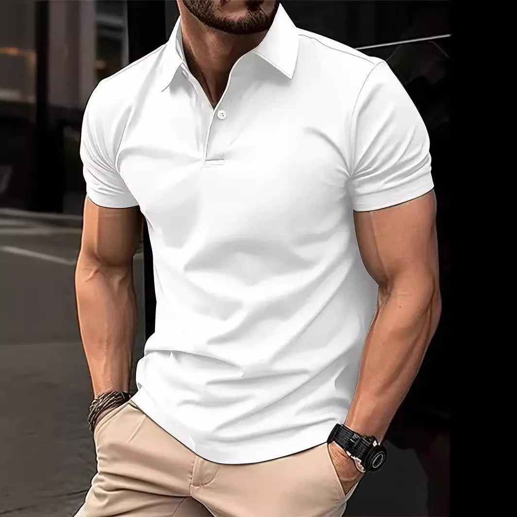 Men's slim fit casual short sleeve shirt in a solid colour on a hanger.