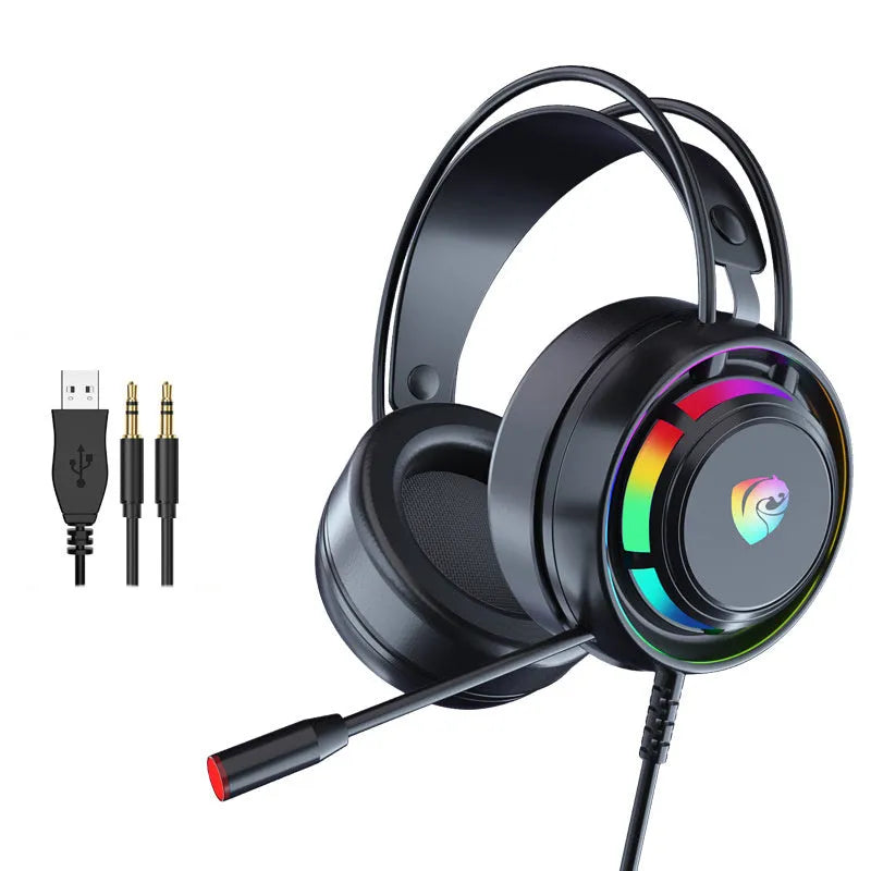 Black wired over-ear headphones with a microphone, showing a long cable and large circular ear cups.