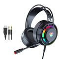 Black wired over-ear headphones with a microphone, showing a long cable and large circular ear cups.