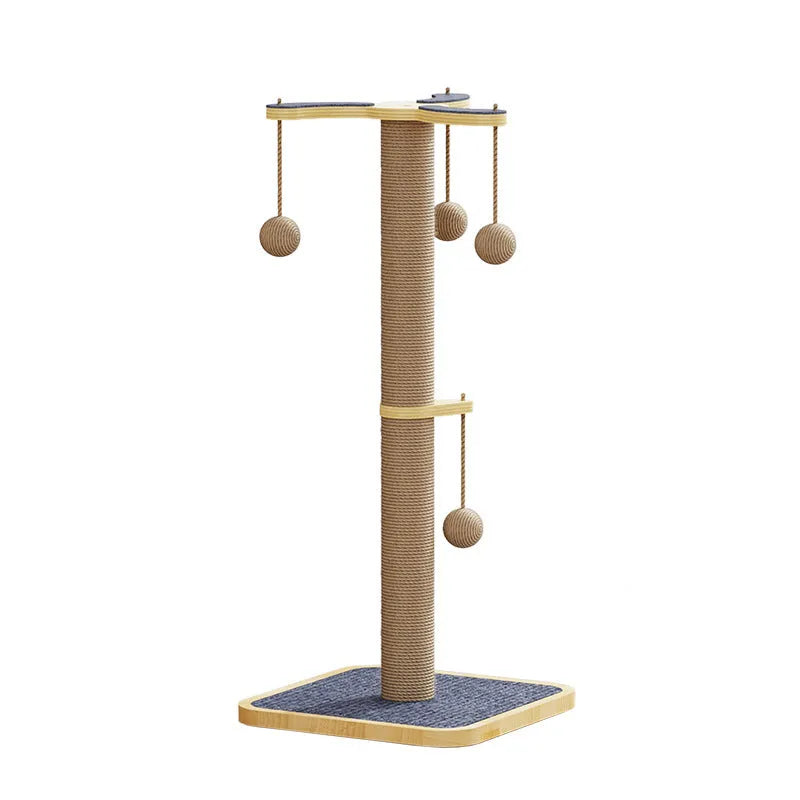 Windmill design cat climbing frame with a hanging scratch-resistant ball on a pine wood structure.