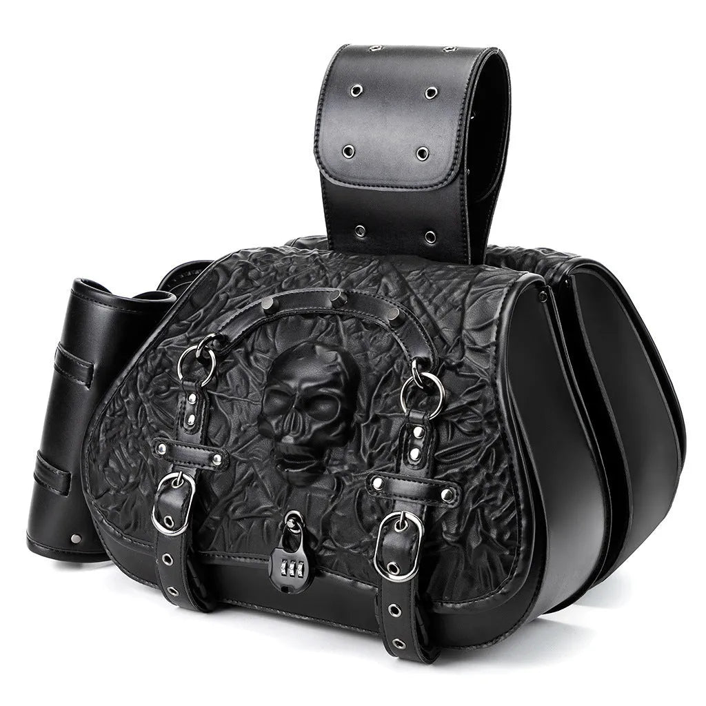 Pair of black PU synthetic leather motorcycle side luggage bags with universal mounting for modified bikes