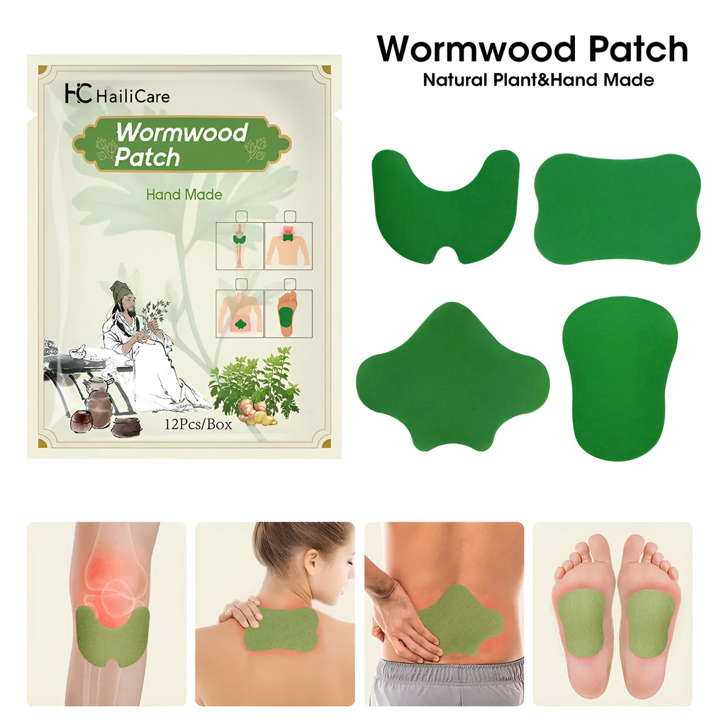 Pack of 12 Chinese mugwort herbal plasters for knee, back, neck, and foot application.