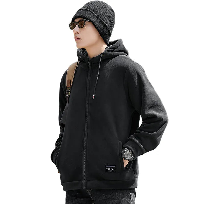 Men's hooded lamb wool jacket in camel, loose casual brush hoody style with wool liner