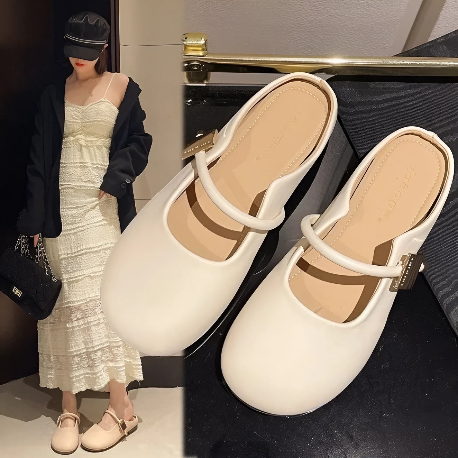 Casual slip-on shoes with square metal buckle toe cap, PVC sole, apricot colour, side view