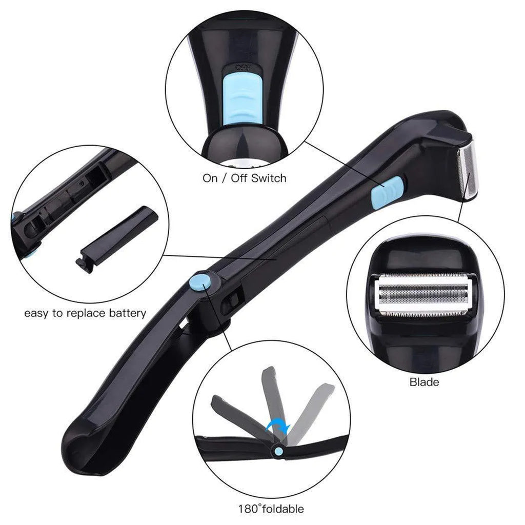 Black folding electric body shaver for men on a white background.