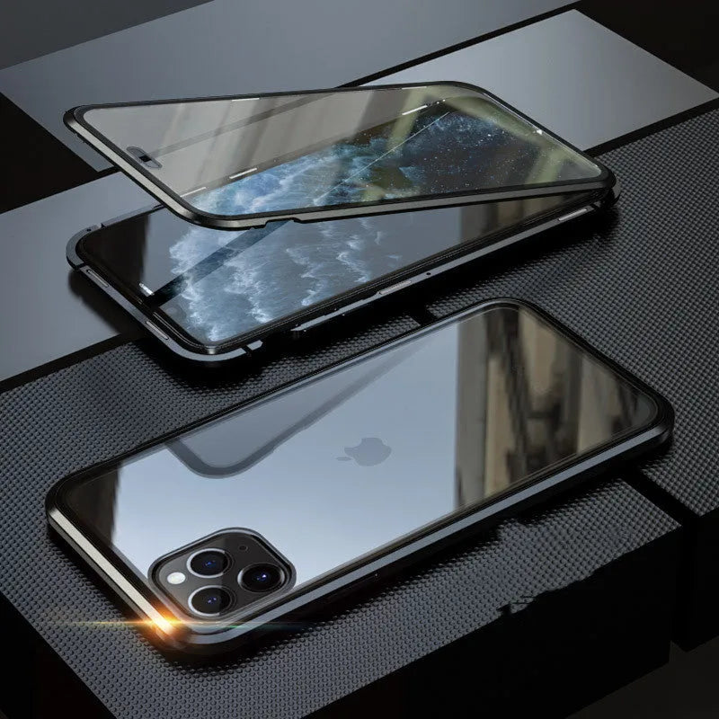Glass anti-spy clamshell phone case in multiple colours for iPhone models.