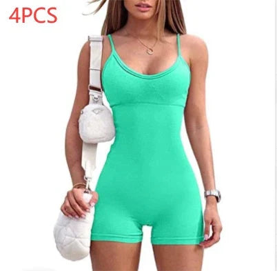 Stylish spaghetti strap romper in a variety of vibrant colors, designed for fashion, fitness, and everyday comfort.