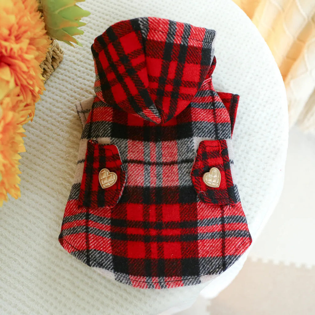 Red plaid polyester trench coat for a dog, shown in size M with 40 cm chest.