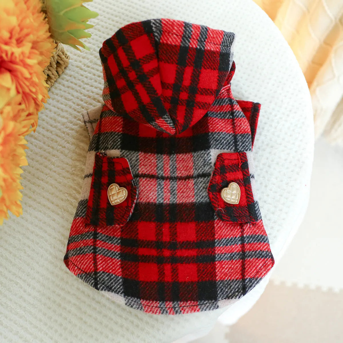 Red plaid polyester trench coat for a dog, shown in size M with 40 cm chest.