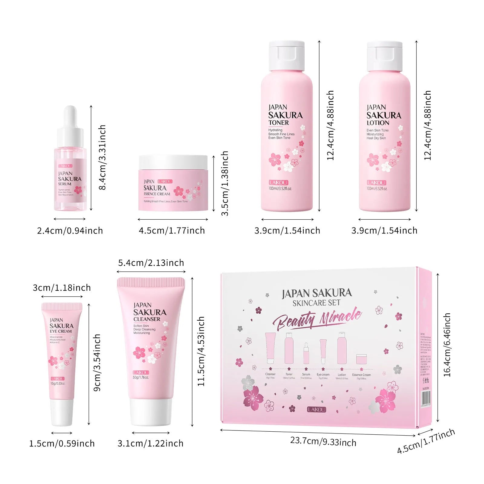 Boxed Cherry Blossom 6-piece skincare set showing cleanser, toner, creams, and serum.