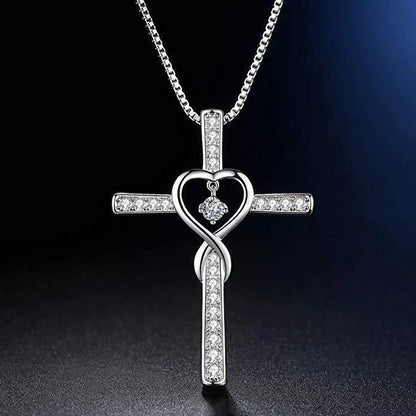 Christian Cross Birthstone Pendant Necklace with Zircon Heart in gold-plated finish