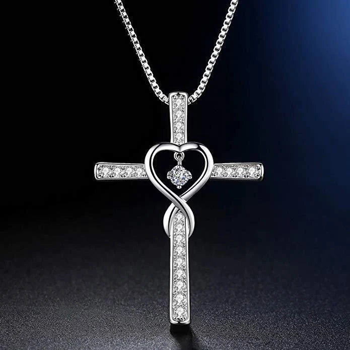 Christian Cross Birthstone Pendant Necklace with Zircon Heart in gold-plated finish