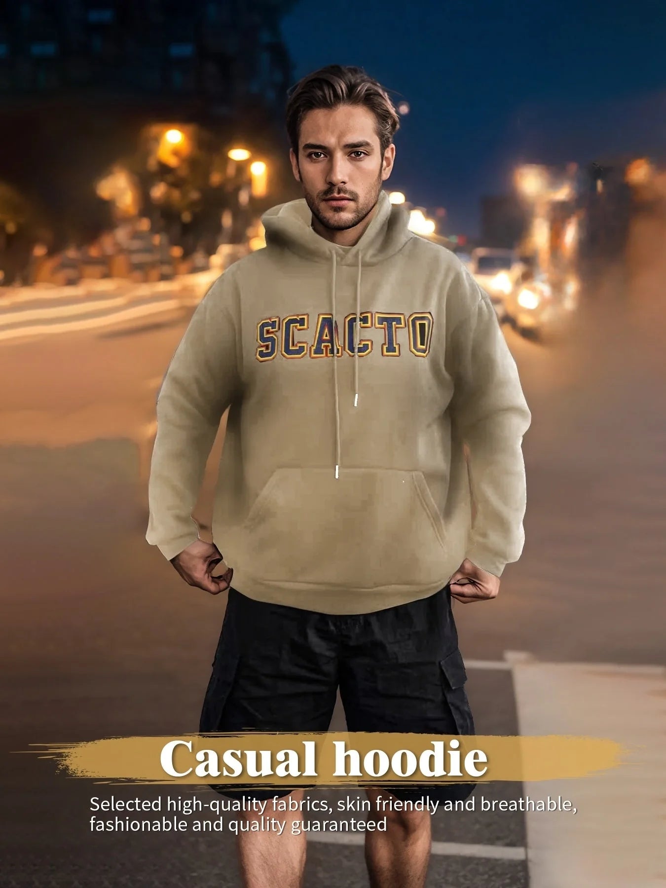 Printed cotton hoodie for men and women in black, khaki, and purple, sizes S-XXL