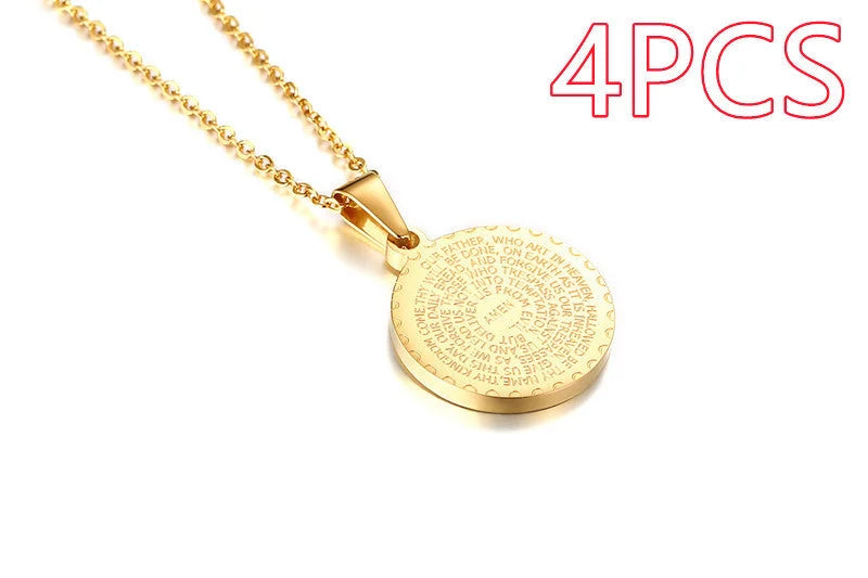 Stainless steel rhinestone prayer scripture pendant with adjustable chain in gold and silver
