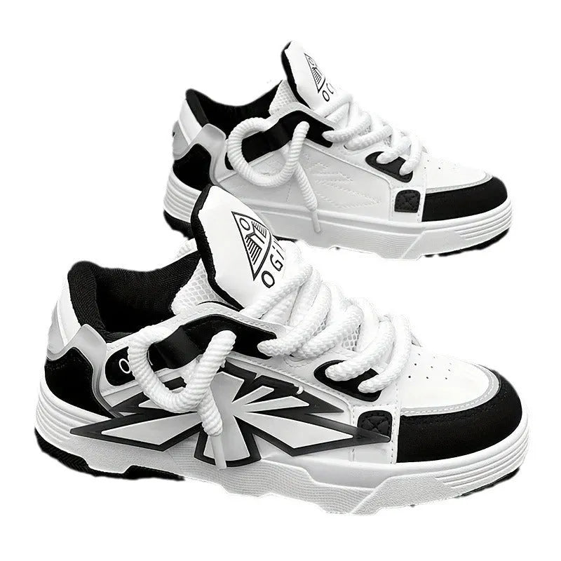 Men's white chunky sneakers with a cartoon totem pattern, thick rubber sole, and lace-up closure.
