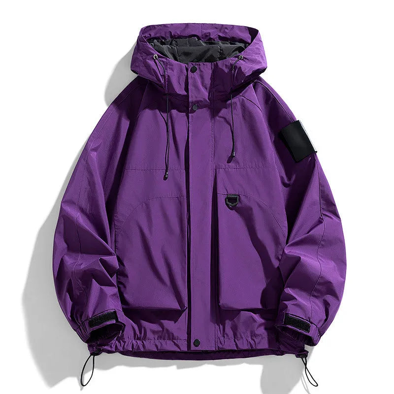 Men's waterproof hooded jacket in black, ginger yellow or purple colours showing regular length cut and long sleeves