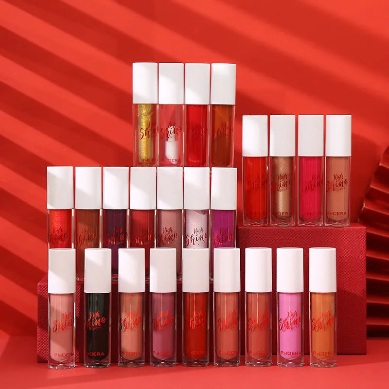 Solid jelly lip gloss in crystal pot with 24 colour options including clear, nude, and black water wave mirror finish
