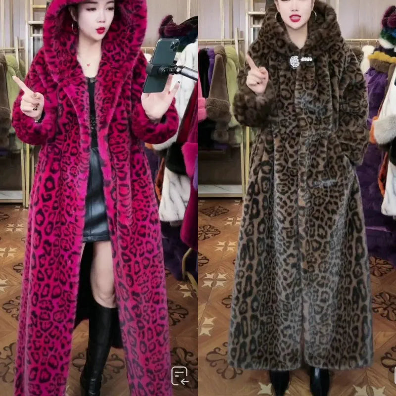 Long brown leopard print faux fur coat on a hanger, showing loose plus-size fit and regular sleeves.