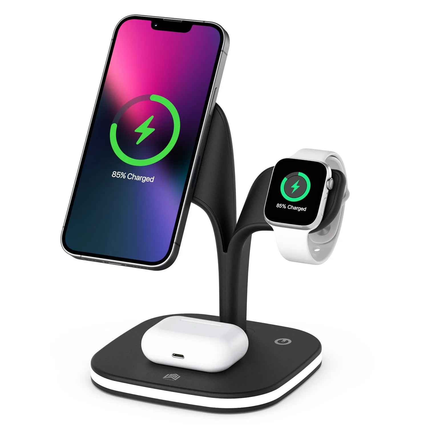 Black 3-in-1 desktop wireless charger stand showing phone, headphones, and watch on their respective charging pads.