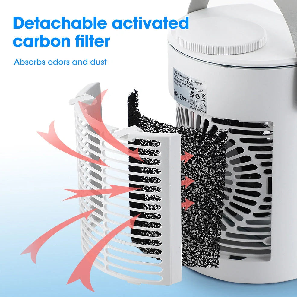 Compact white USB mini air cooler with humidification spray function and control button