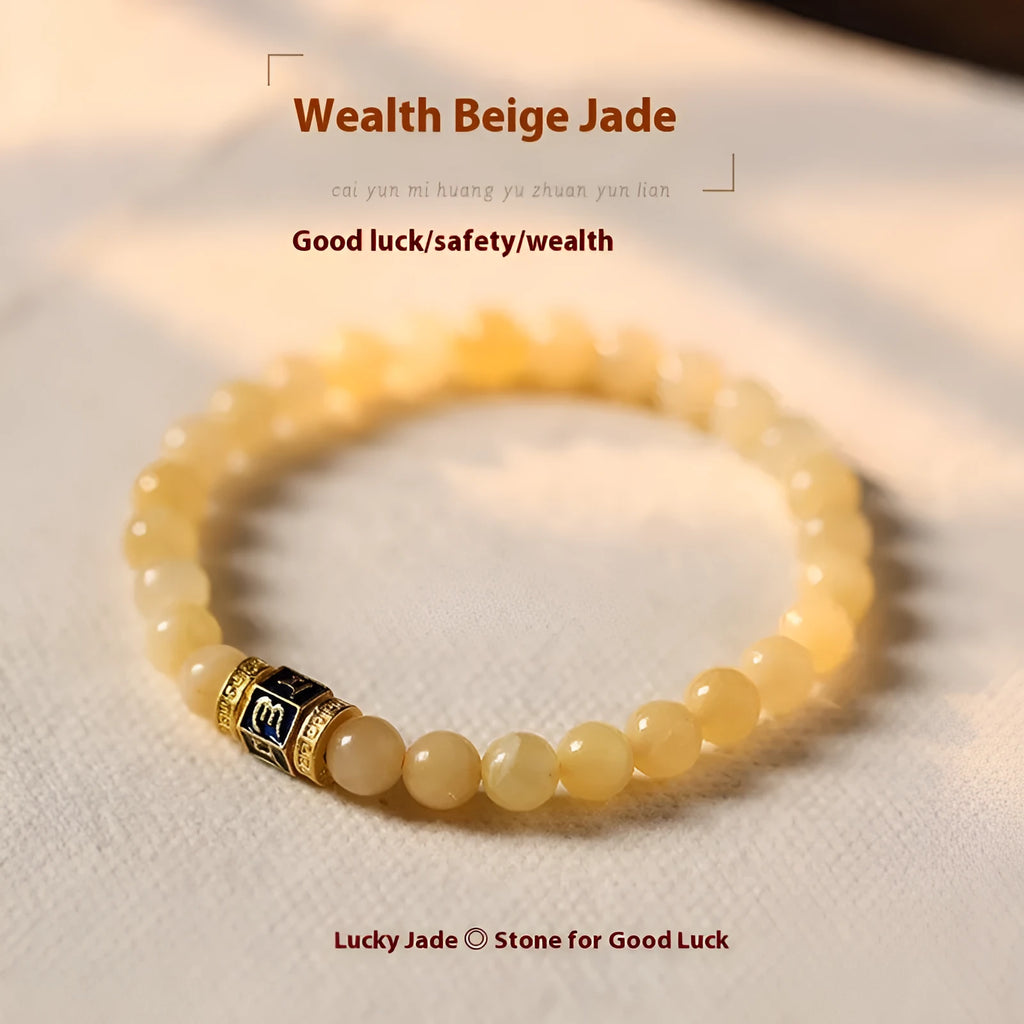 Topaz-coloured women's bracelet with six-word mantra barrel beads and sugar jade cubes in hand-woven design