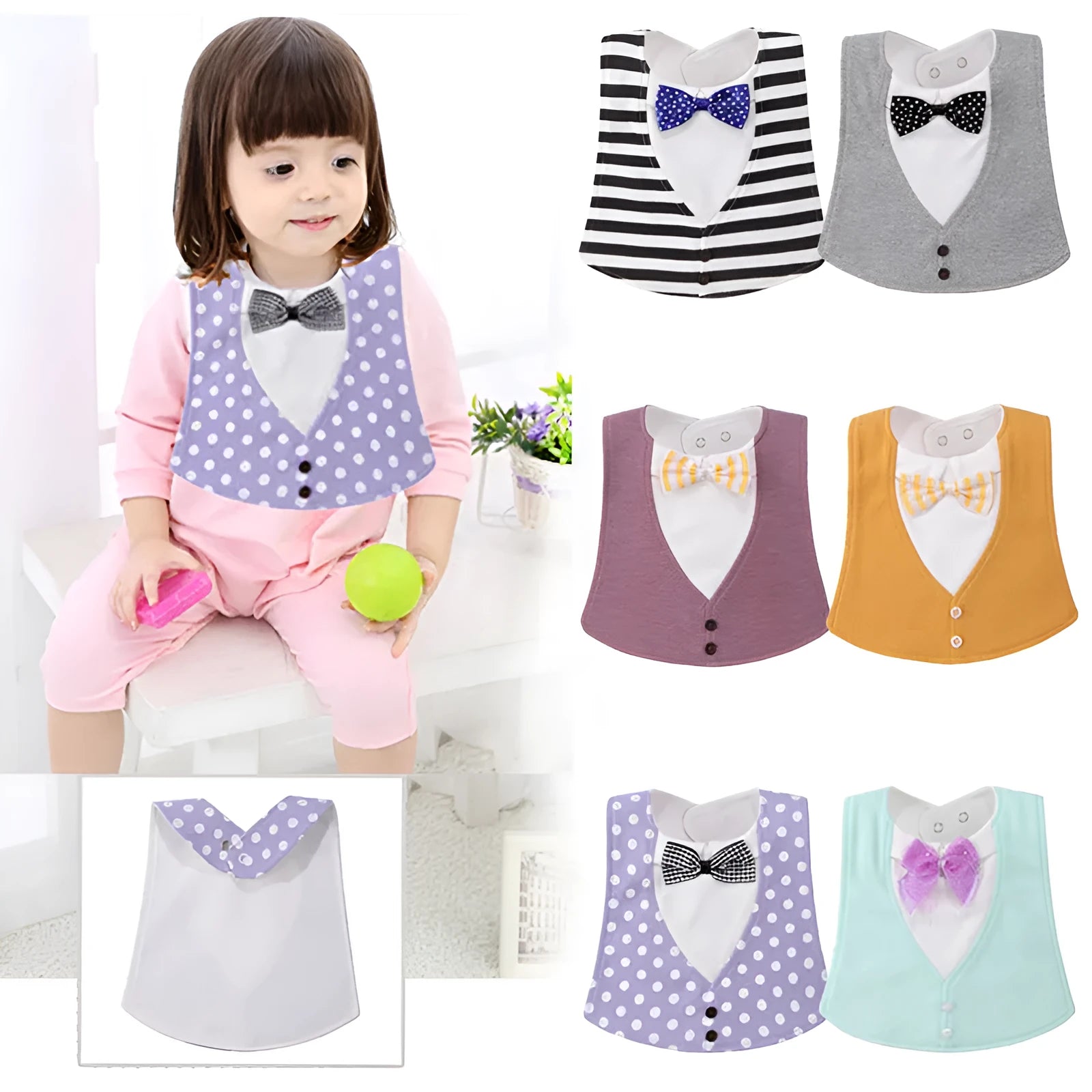 Baby adjustable waterproof saliva towel bib with three-dimensional bow tie in beige colour