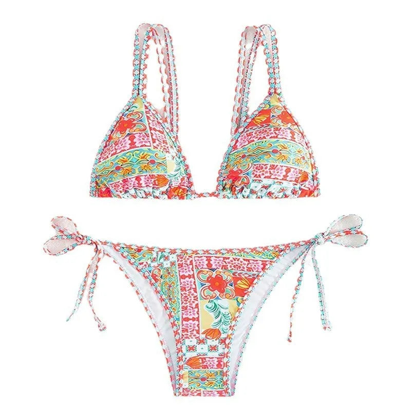 Women's lace-up front, backless swimsuit bikini set in the pictured colour.