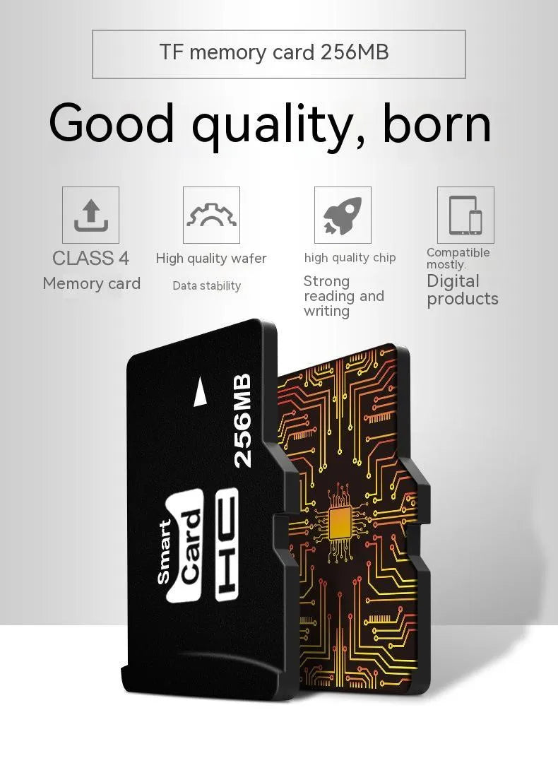 Close-up of a 256MB TF memory card with integrated mini speaker, showing its compact 11x15x1mm dimensions.